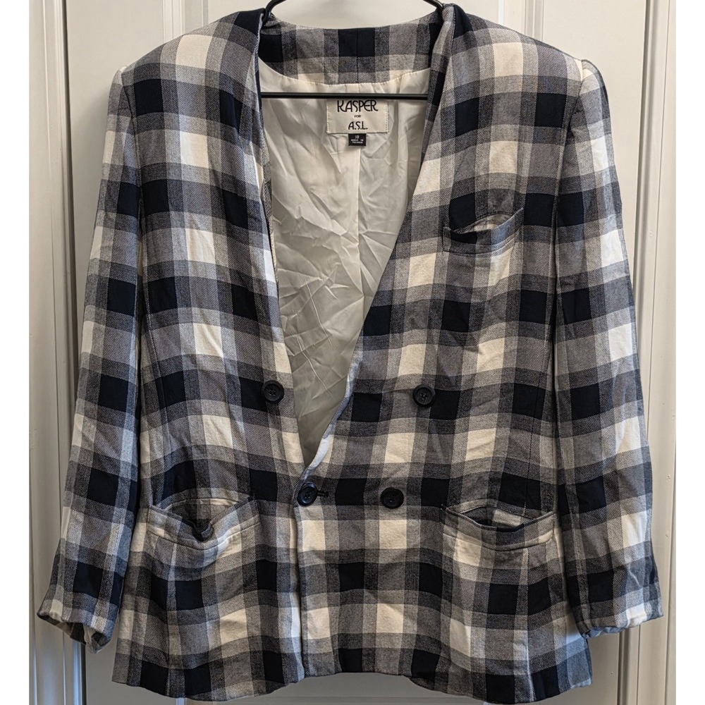 Vintage Kasper ASL Plaid White Black Blazer Size 18